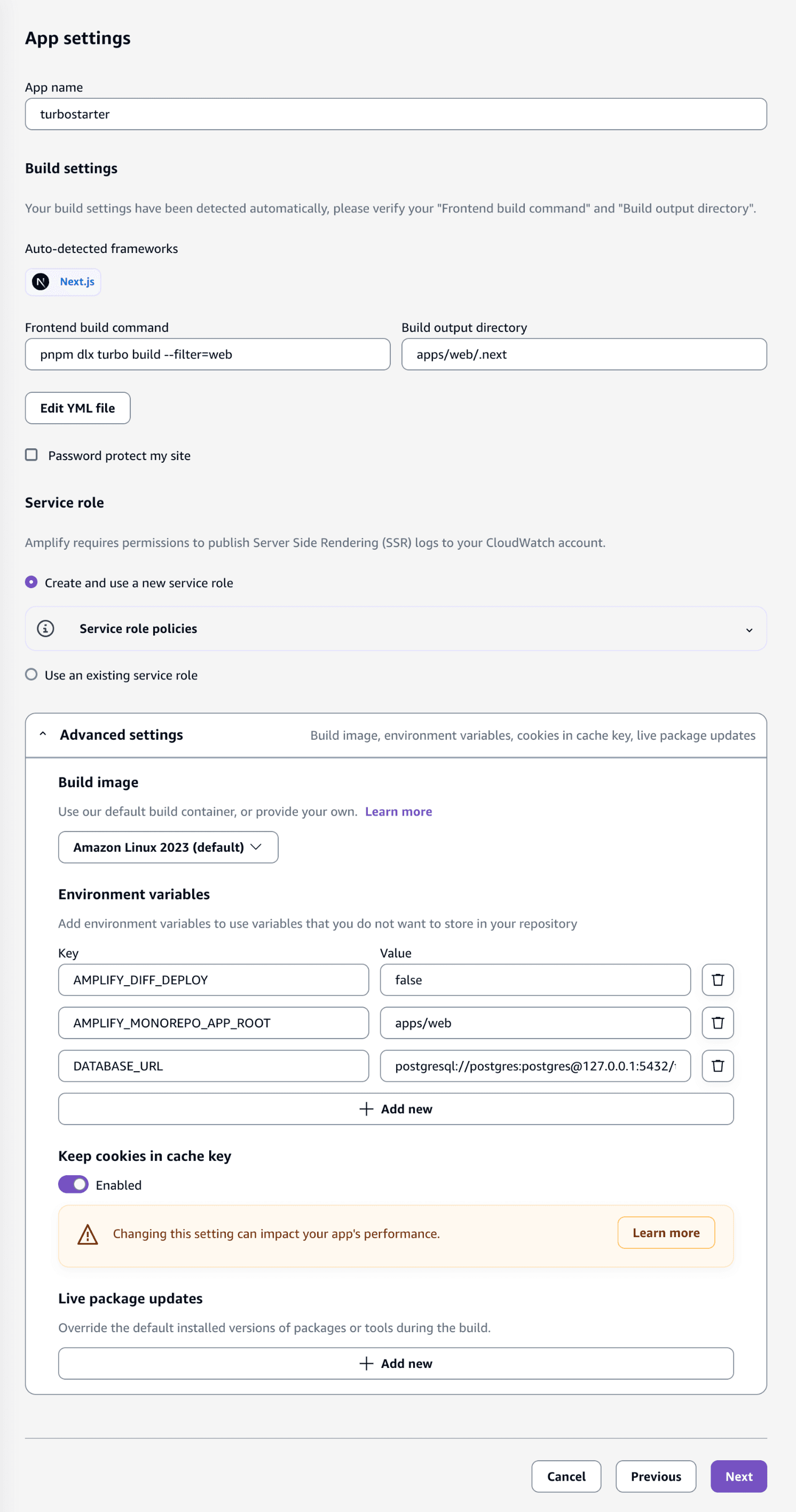 Amplify build settings