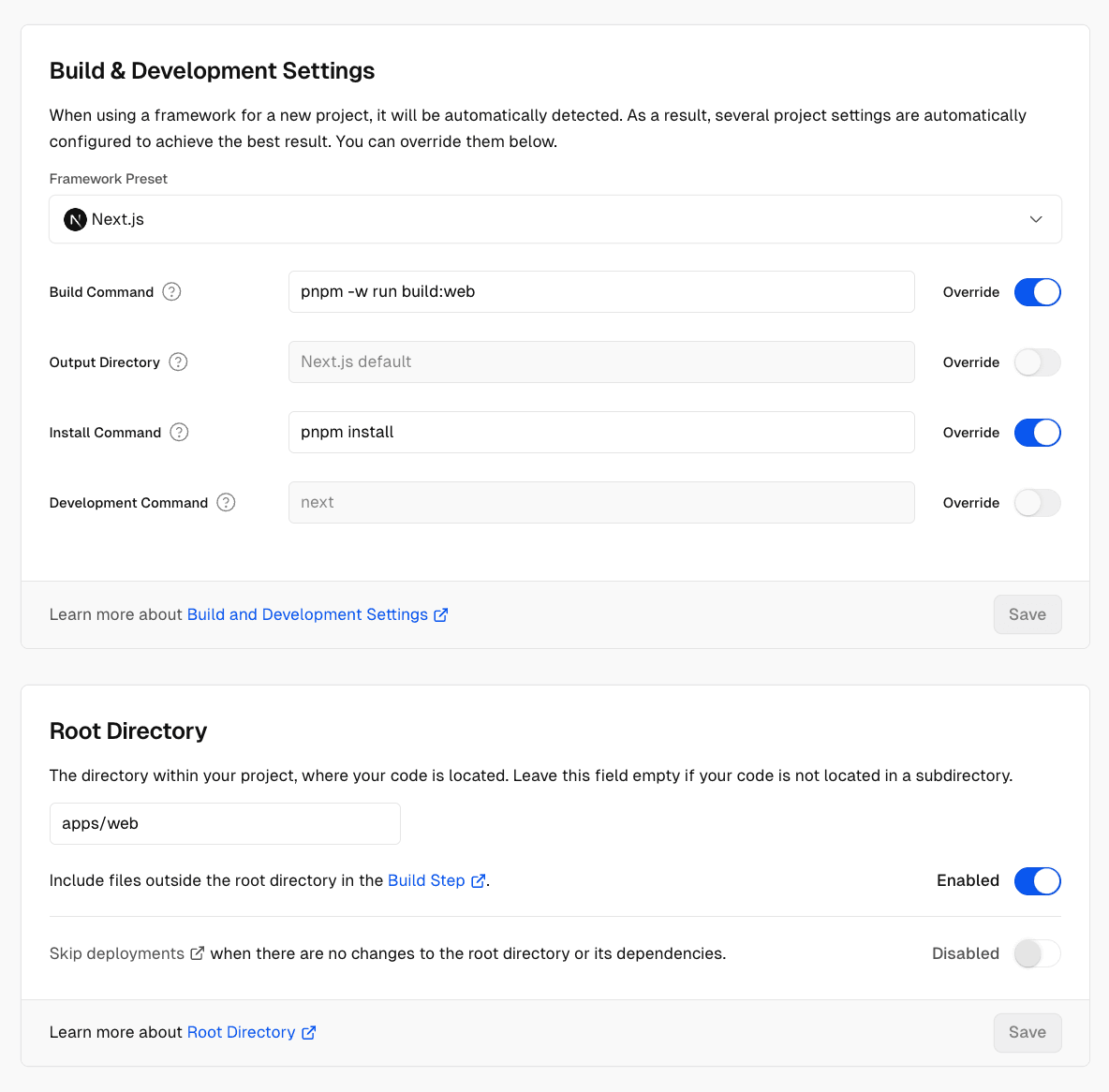 Vercel project settings